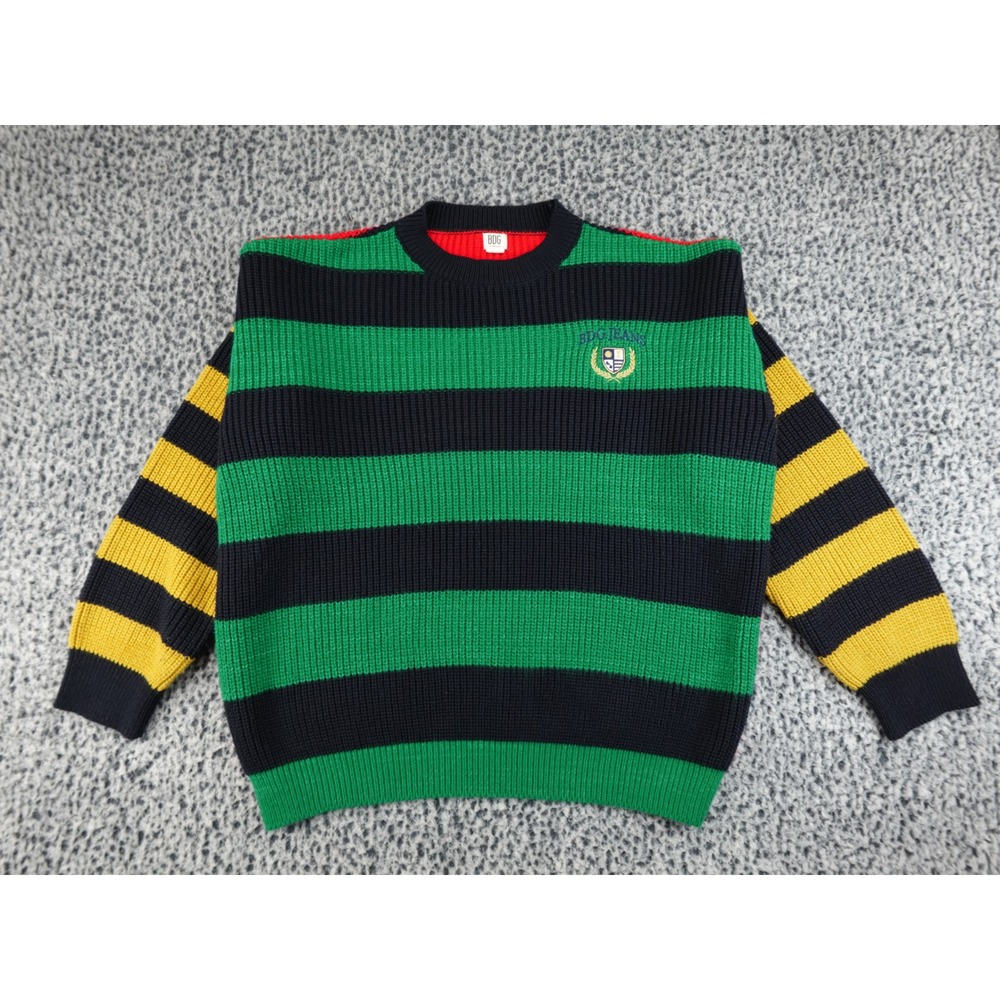 BDG Urban Outfitters Mens Striped Knit Sweater Medium Green Navy Yellow Crest
